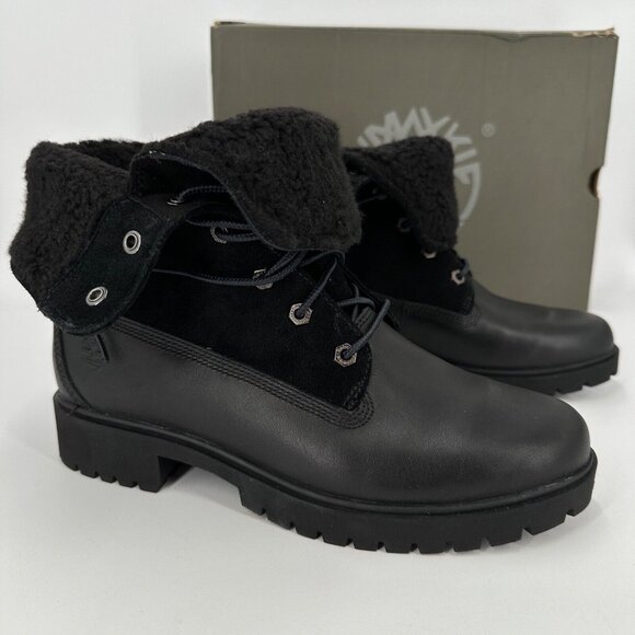 Timberland Jayne Teddy Fleece Fold Down Boots size 9 Women's Black Leather WP - Picture 1 of 9